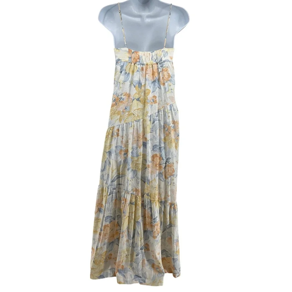 Abercrombie & Fitch Asymmetrical Floral Maxi Dress XS Cream Yellow Tiered Boho